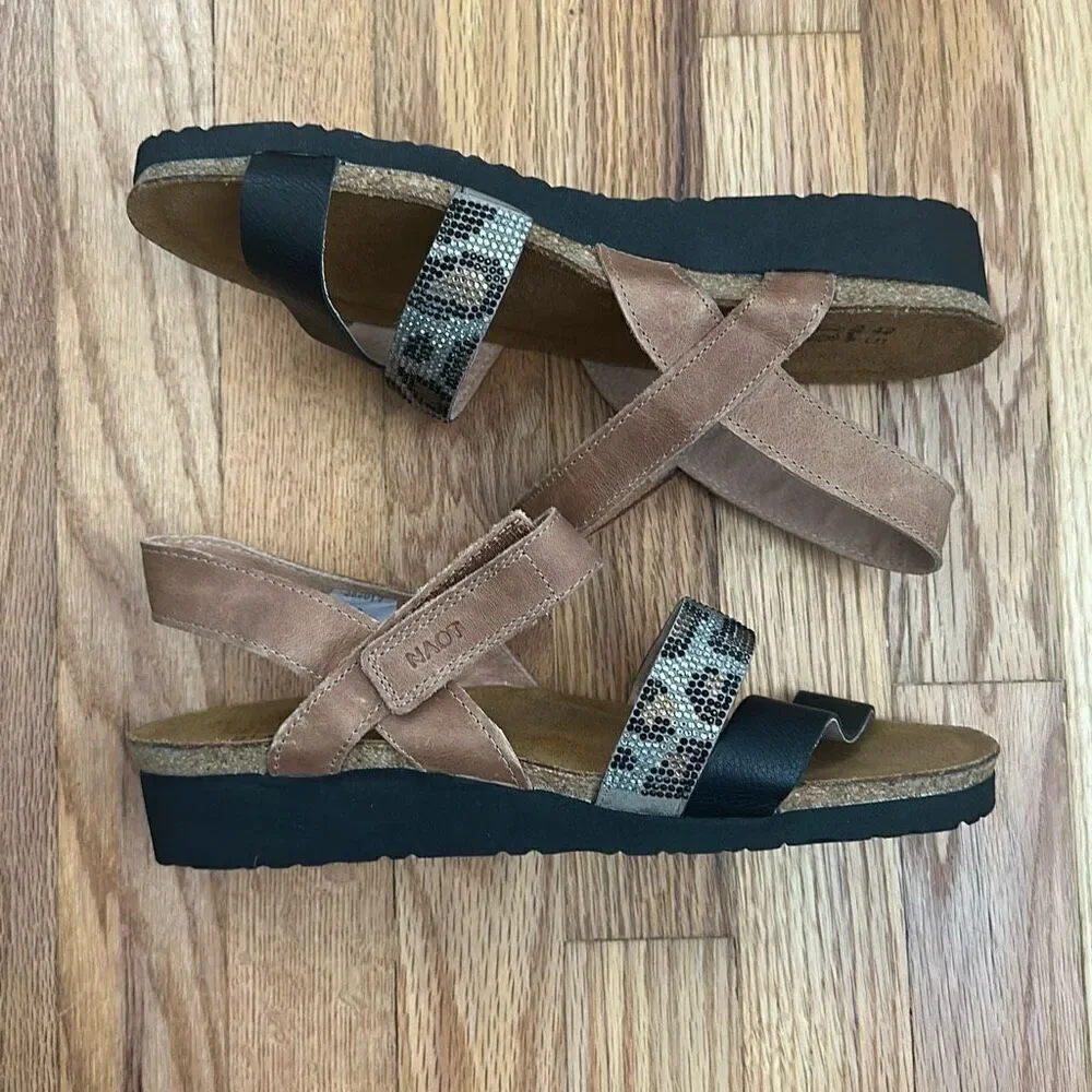 NAOT Footwear Krista Sandals Latte Brown/ Black Leather Women’s 42 - Picture 1 of 9